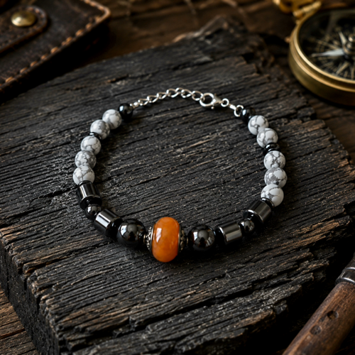 Bracelet masculin homme ajustable style intemporel baroudeur aventurier perle centrale orange perle blanche howlite tube hématite