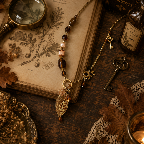 Collier femme ajustable féminin romantique printanier intemporel vintage grande feuille perle culture eau douce blanche perle marron clé