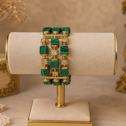 Bracelet manchette femme ajustable intemporel perle verte carrée malachite perle carrée doré or strass acier inoxydable séparateur