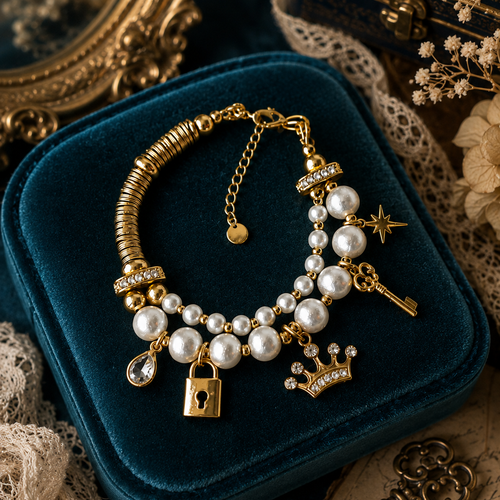 Bracelet femme ajustable double rangée rang perle blanche nacre nacrée breloque strass couronne clé cadenas perle rondelle goutte strass