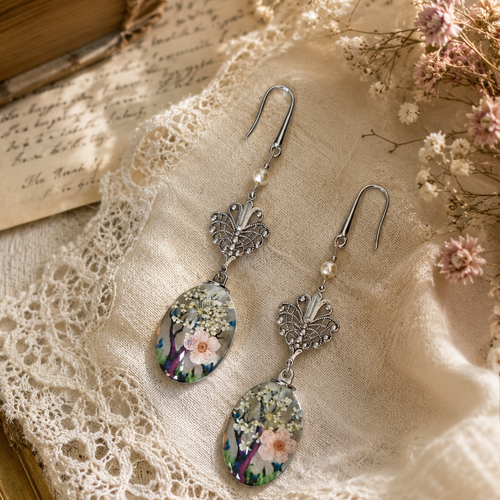 Boucle d'oreille femme cabochon verre transparent printanier arbre fleuri fleur blanche rose breloque filigré filigrane couleur argenté