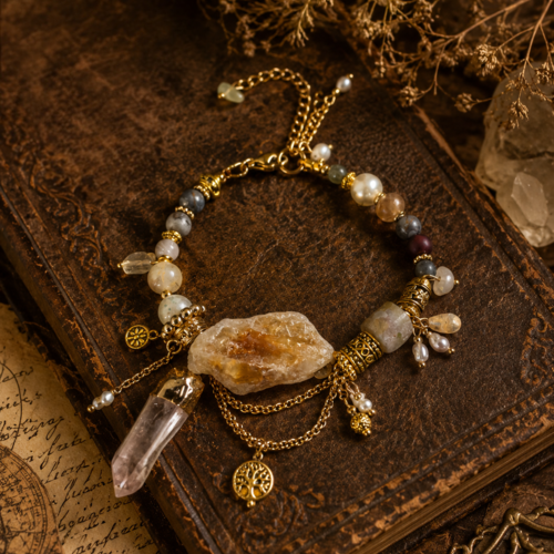 Bracelet femme ajustable style talisman pierre brute centrale breloque pierre transparente quartz multiple perle naturelle chainette