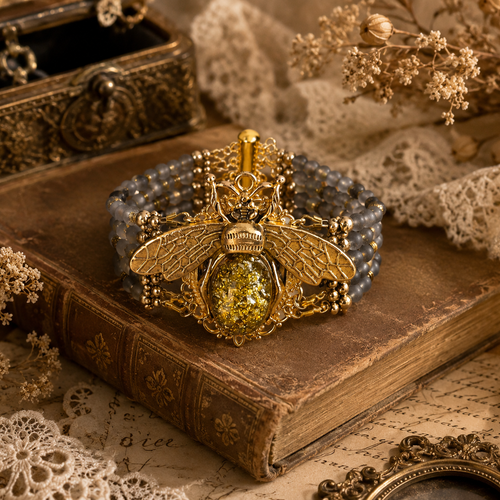Bracelet femme non ajustable cinq rangées rangs petite perle grise reflet doré petite breloque perle noire cabochon grande abeille jaune