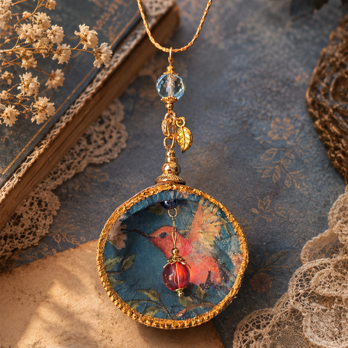 Collier femme véritable coquillage océan mer bigorneau coquille nacre mollusque fond bleu dessin illustration oiseau colibri plage nature