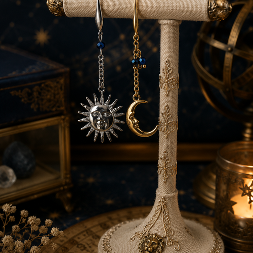 Boucle d'oreille pendante femme asymétrique dorée argentée couleur argent astre soleil lune astronomie ciel étoile petite perle bleue