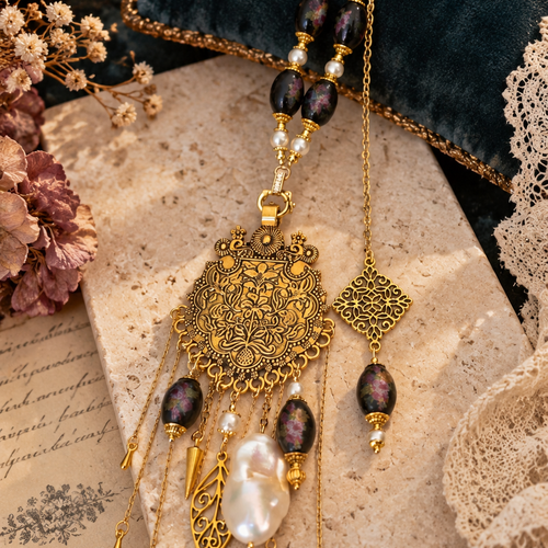Collier femme grand médaillon plastron ouvragé décor floral baroque grande perle culture eau douce blanche perle noire fleurie