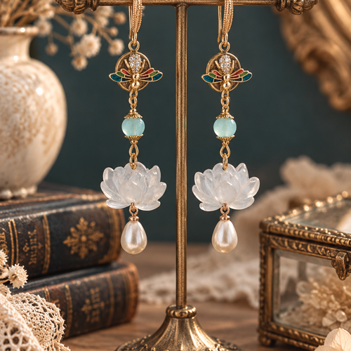 Boucle d'oreille femme pendante insecte abeille aile colorée perle turquoise fleur lotus blanche style japonaise imitation perle culture