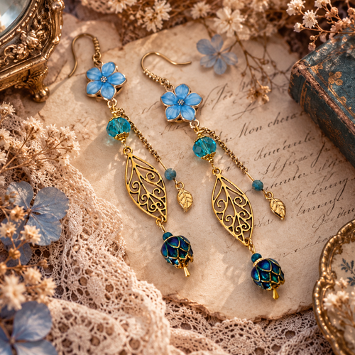 Boucle d'oreille femme pendante fleurie romantique vintage bohème perle bleue fleur nature perle bleue facettée feuille dorée