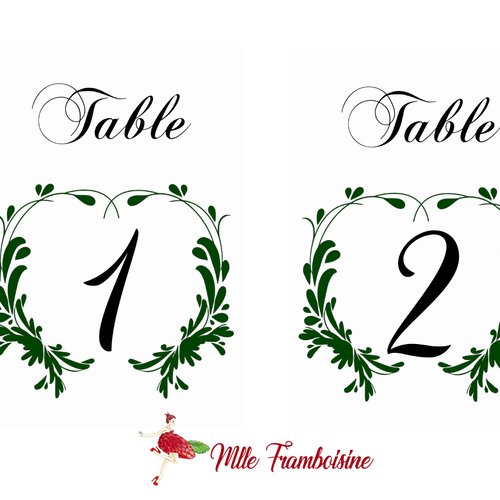 Numéro de table, plan de table, mariage champêtre, coeur floral,
