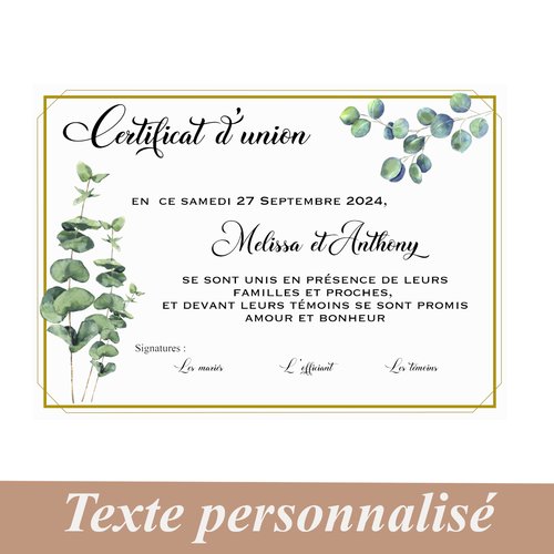 Certificat de mariage laïque, certificat d'union, motif floral eucalyptus