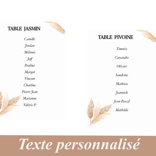 Plan de table mariage champetre, fleur de la pampa style aquarelle