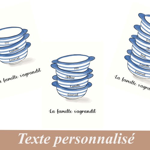 Carte annonce de grossesse "la famille s'agrandit" personnalisée, aquarelle petits bols bretons