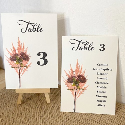 Numéro de table mariage champetre, fleurs séchées, papier aquarelle