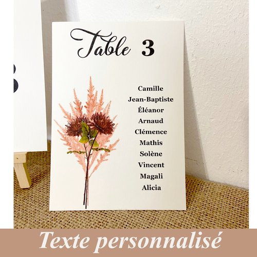 Plan de table mariage champetre, fleurs séchées, papier aquarelle