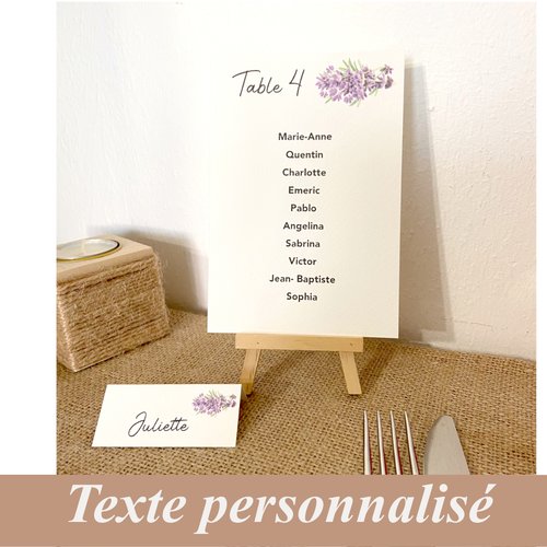 Plan de table mariage provençal, brin de lavande, papier aquarelle