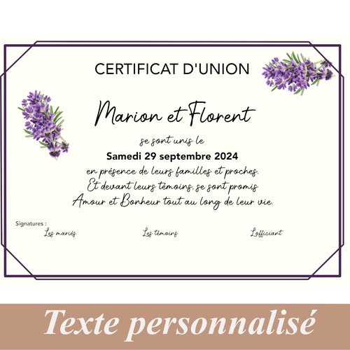 Certificat de mariage laïque, certificat d'union, mariage provençal, brin de lavande