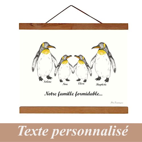 Affiche famille personnalisée, pingouins, décoration murale, affiche vintage