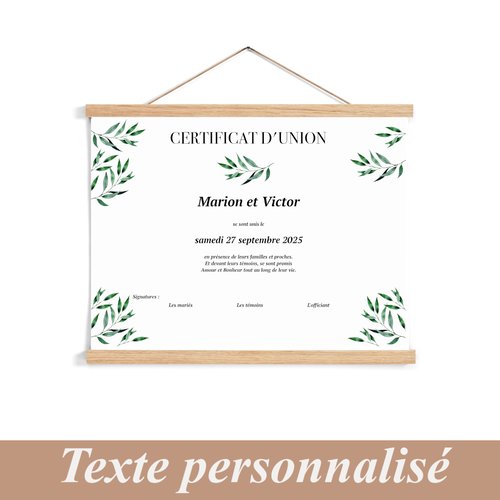 Certificat de mariage laïque, certificat d'union, motif provençal, olivier