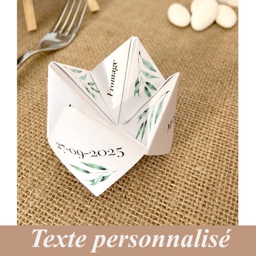 Menu individuel origami cocotte en papier, lot de 10, mariage provençal, olivier