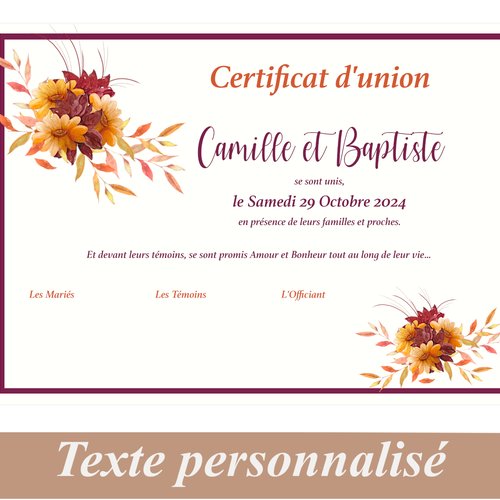 Certificat de mariage laïque, certificat d'union, motif floral automne