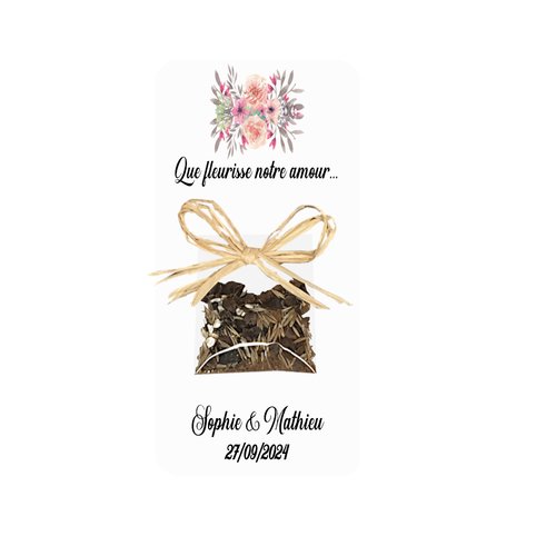 Cadeaux remerciement, cartes sachets de graines de fleur pour mariage champêtre, motif floral
