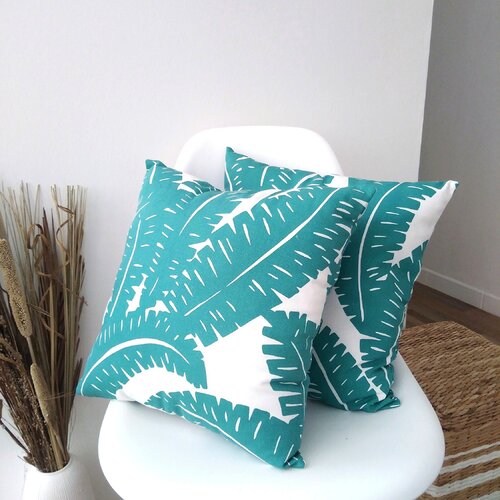 Ibarra - coussin imprimé feuilles de palmiers /emeraude/40x40cm/décoration intérieur/home/cosy