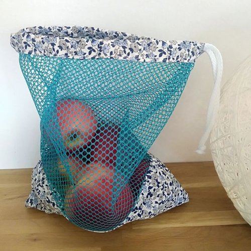 Sac à vrac réutilisable et lavable en tissu 100% coton imprimé liberty / filet mesh polyester turquoise