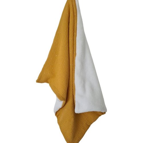 Couverture bébé en double gaze coton moutarde pois dorés/fausse fourrure blanc/55x65cm