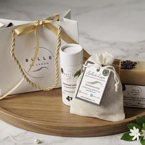 Coffret monoï & fleur de tiaré | le rituel naturel | corps et cheveux | 1 savon artisanal + 1 shampooing solide + 1 déodorant naturel