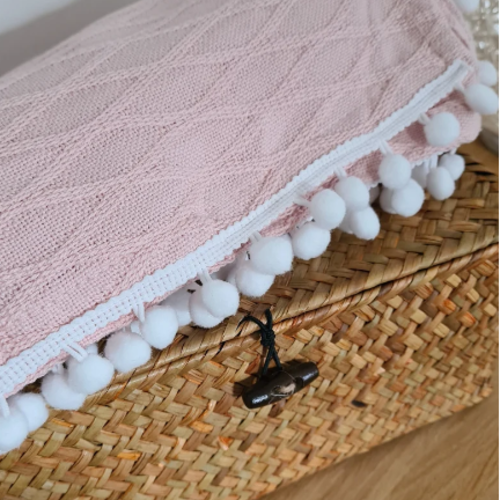 Couverture bébé en jacquard pompon blanc 100 % coton 100x75cm / blanket baby / rose