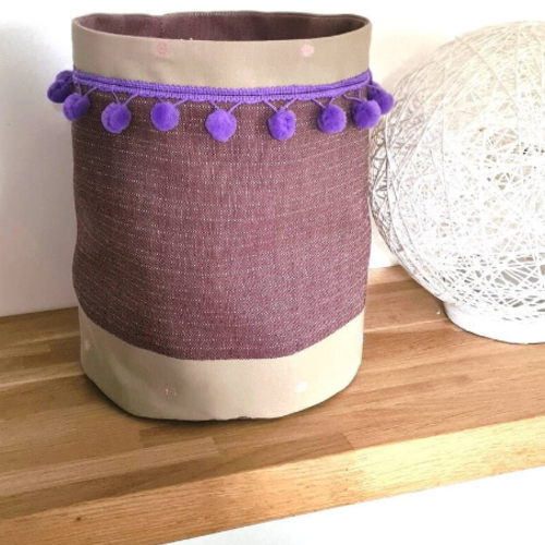 Corbeille de rangement ronde en tissu/toile de coton épaisse violet/diamètre 20cm