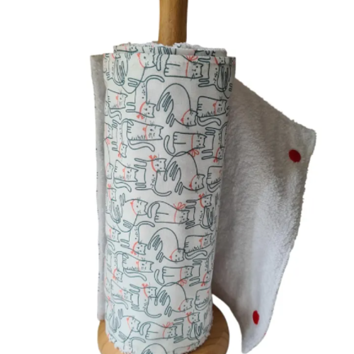 Essuie-tout lavable et réutilisable éponge oeko-tex blanc | rouleau 6 feuilles | chats