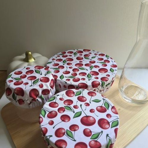 Charlotte alimentaire en tissu coton cerises - lot de 3 + 1 éponge