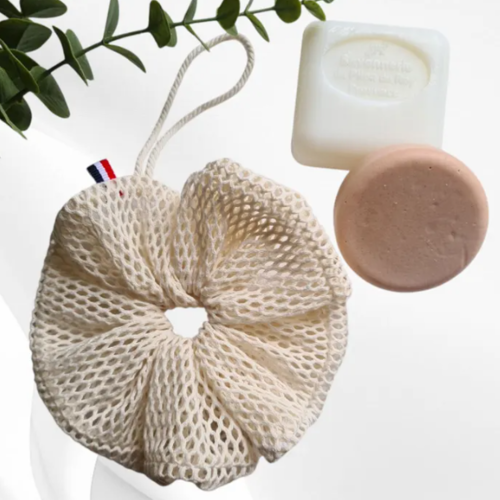 Fleur de douche exfoliante en filet 100% coton bio gots écru