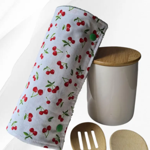 Essuie-tout lavable et réutilisable en éponge 100% coton oeko-tex vert | rouleau 5 feuilles | cerises