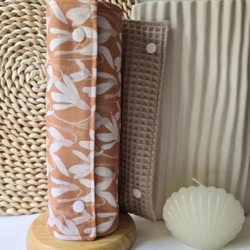 Essuie-tout lavable et réutilisable en nid d'abeille oeko-tex beige | rouleau 5 feuilles | fleurs fuchsia