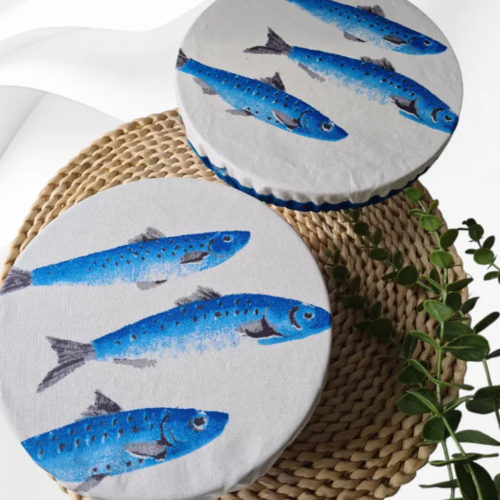 Lot de 2 couvre-plats lavables et réutilisables en coton enduit | fait main | cuisine zéro déchet | avec biais | poissons