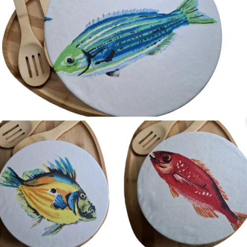 Lot de 3 couvre-plats lavables et réutilisables en coton enduit | fait main | cuisine zéro déchet | avec biais | poissons