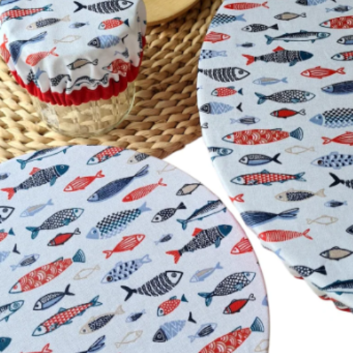 Couvre-plats en coton enduit | réutilisables et lavables | cuisine écologique | banc de poissons | avec biais | en lot de 3