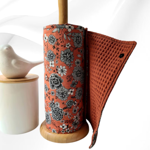 Essuie-tout lavable réutilisable en nid d'abeille oeko-tex brique | rouleau 5 feuilles | coton arty fleurs paprika