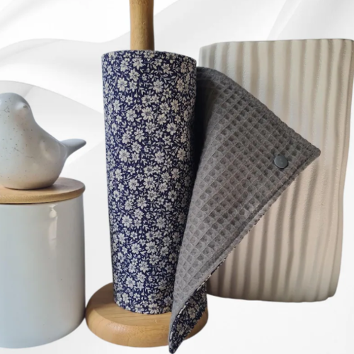 Essuie-tout lavable réutilisable en nid d'abeille oeko-tex gris | rouleau 5 feuilles | zéro déchet | cuisine | coton petites fleurs gris