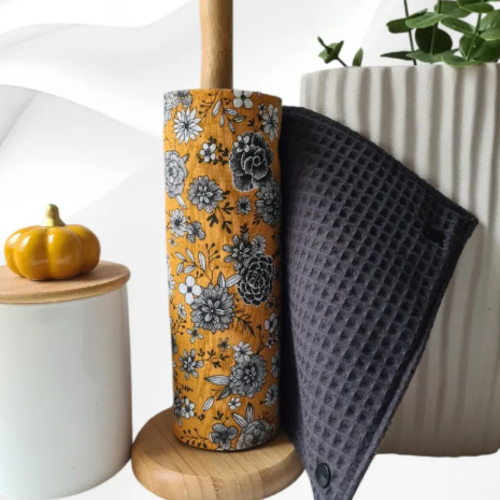 Essuie-tout lavable réutilisable en nid d'abeille oeko-tex gris foncé | rouleau 6 feuilles | zéro déchet | coton arty fleurs c