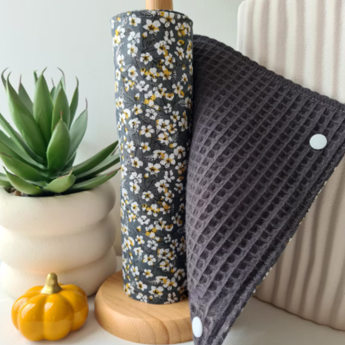 Essuie-tout lavable nid d'abeille oeko-tex gris foncé | rouleau 5 feuilles | coton petites fleurs jaunes/blanc/gris