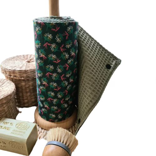 Essuie-tout lavable réutilisable en nid d'abeille oeko-tex vert sauge | rouleau 5 feuilles | cuisine | coton ombilo émeraude