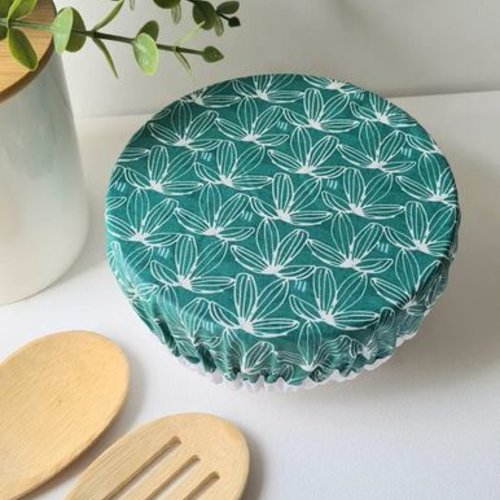 Couvre bol lavable et réutilisable en tissu coton enduit | nénuphar | vert et blanc