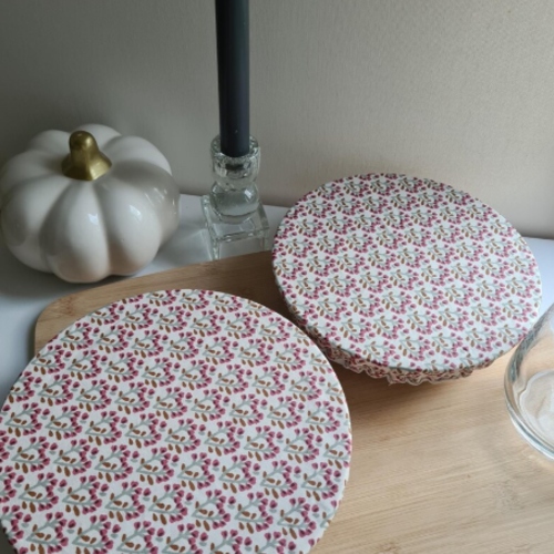 Lot de 2  couvre-plats en coton enduit | fabrication artisanale | alternative durable | tinus rose | avec biais blanc