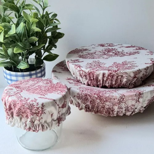 Lot de 3 couvre-plats en tissu polycoton | réutilisables et lavables | zéro déchet | doublés | toile de jouy rouge