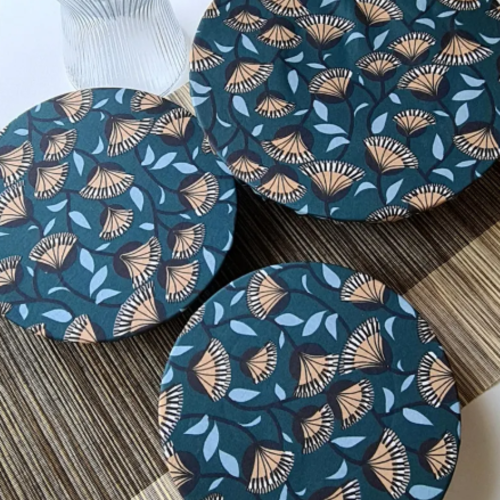 Lot de 3 couvre-plats en coton enduit | avec biais | zéro déchet | réutilisables et lavables | wax bleu