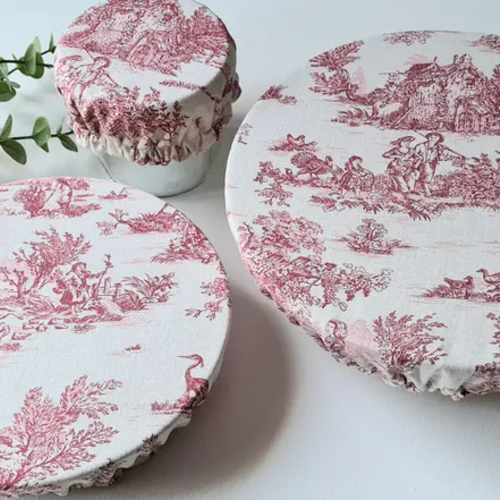 Couvre-plats en tissu polycoton | réutilisables et lavables | zéro déchet | doublés | toile de jouy rouge | lot de 3 ou à l'unité