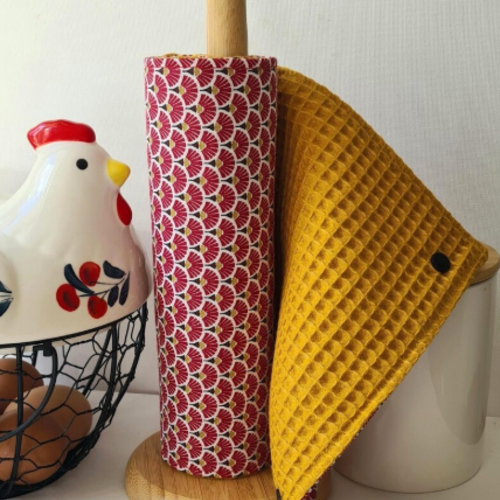Essuie-tout lavable réutilisable nid d'abeille oeko-tex vert moutarde | en rouleau 5 feuilles | coton | eventails japonais burgundy